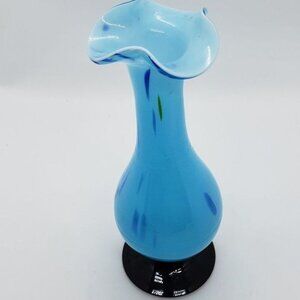 Cased Light Blue Glass Vase Black Pedestal Bottom